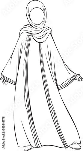 Muslim woman in traditional arabic dress, outline drawing.