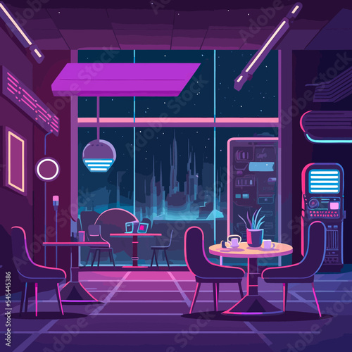 Futuristic cyberpunk cafe in purple