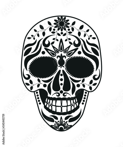 Black and white skull for the day of the dead. Illustration in the Mexican style for creating stickers, tattoos, print.
