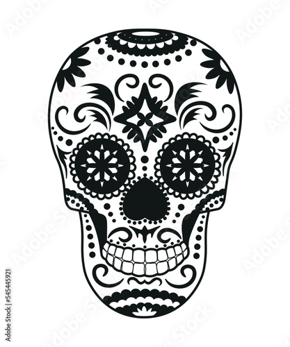 Black and white skull for the day of the dead. Illustration in the Mexican style for creating stickers, tattoos, print.