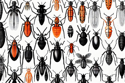 Black and orange seamless pattern with bugs on white background illustration © Hamburn