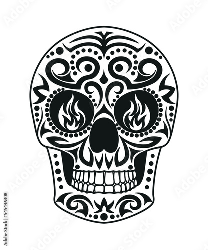 Black and white skull for the day of the dead. Illustration in the Mexican style for creating stickers, tattoos, print.