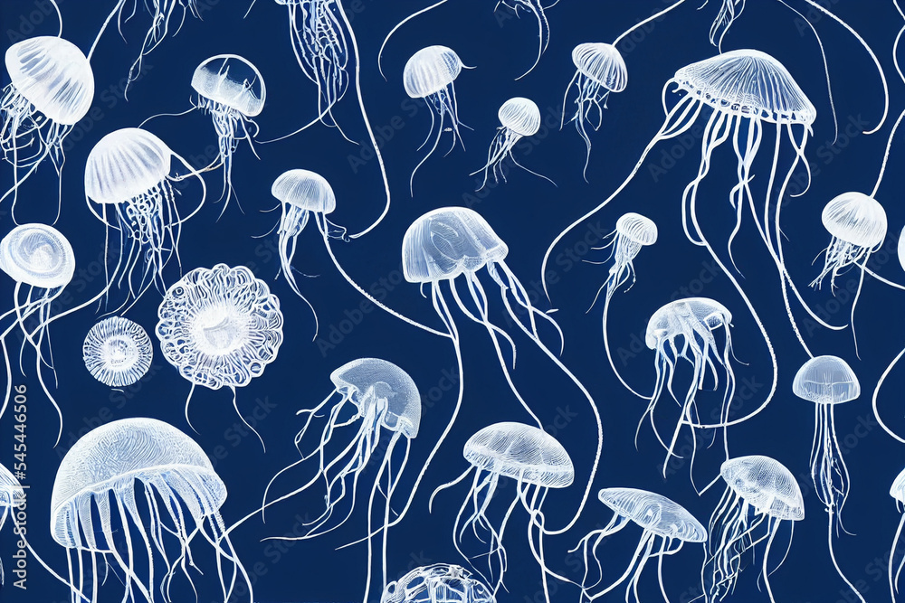 seamless pattern with jellyfish on blue background illustration ...