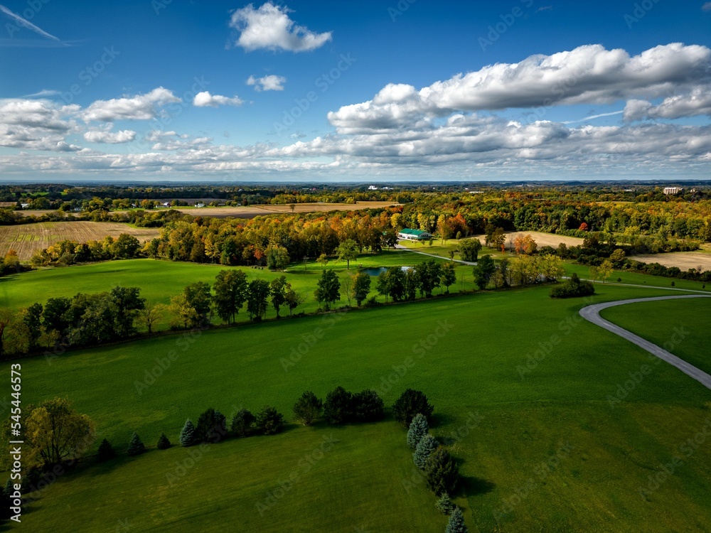Aerial shot of a field surrounded by trees during the daytime under a blue sky in Auburn New York