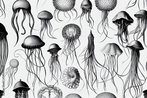 Black and white seamless pattern with jellyfish on white background illustration  photo