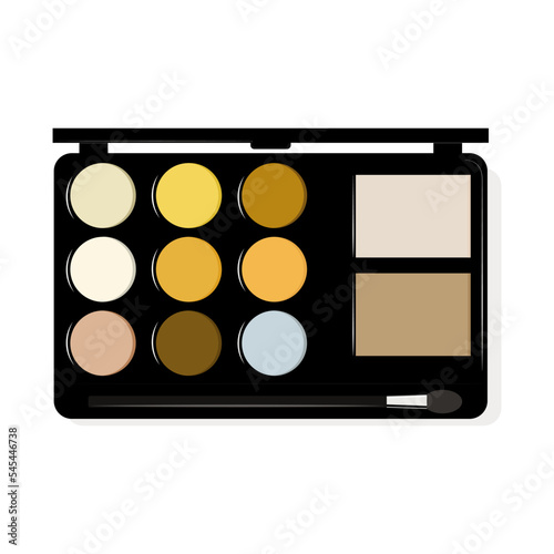 Illustration of an eyeshadow palette with brush on a white background. Eyeshadow in various colors for makeup. Professional cosmetics.