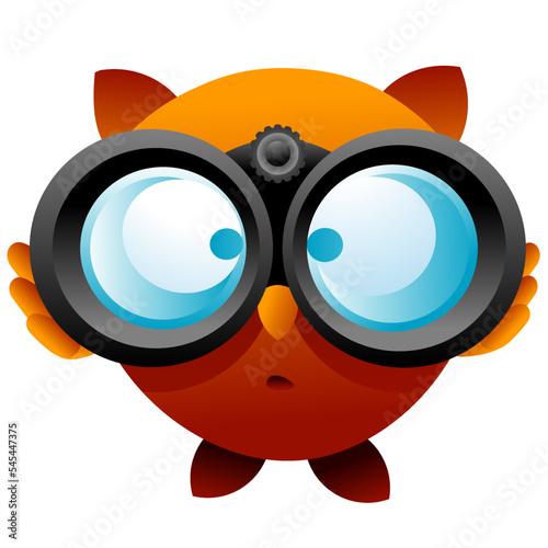 Bird looking through binoculars with big eyes. Full vector isolated transparent search and find emoji owl 3d cartoon character