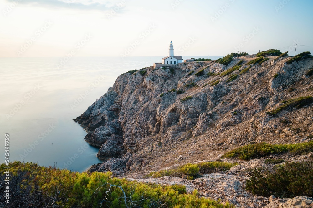 Lighthouse on a mountain on the coast of Cala Ratjada in Mallorca, Spain