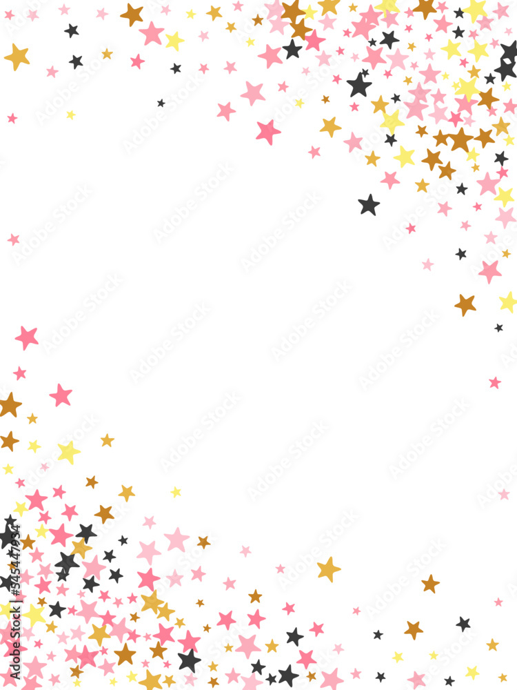 Rich black pink gold stars falling scatter pattern. Many stardust spangles New Year decoration particles. Isolated stars falling illustration. Spangle confetti congratulations decor.