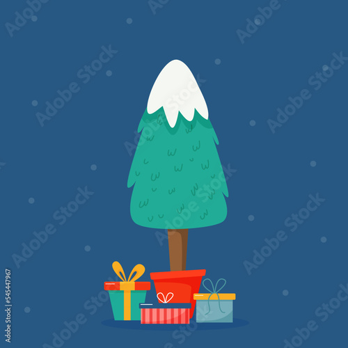 Christmas tree in pot with gifts on blue background. Vector illustration in cartoon style