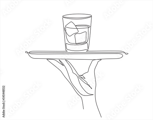 Continuous line vector illustration of hand holding dish with glass with whisky drawn from the hand a picture of the silhouette. Line art. 
