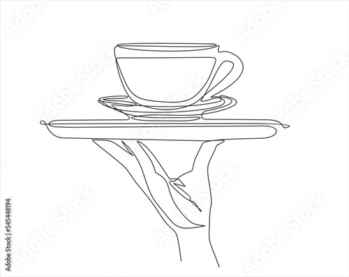 Continuous line vector illustration of hand holding dish with cup with tea or coffee drawn from the hand a picture of the silhouette. Line art. 