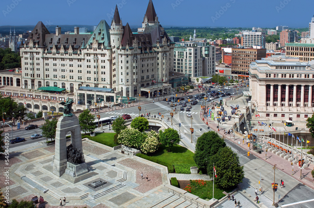 Aerial view of Ottawa's Cenotaph and Chateau Laurier