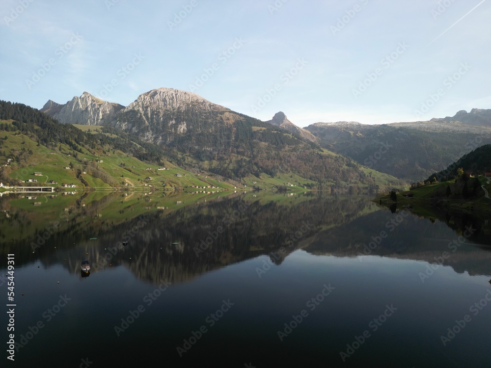 Beautiful shot of a lake reflecting the surrounded landscape
