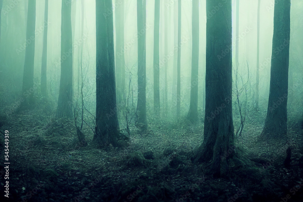 Naklejka premium Mysterious foggy forest landscape