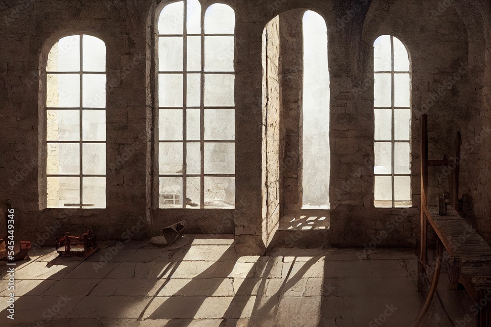 AI generated illustration of a medieval room made of stones with wooden objects and tall windows