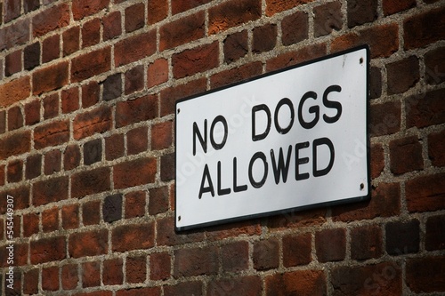"No dogs allowed" sign on the brick wall