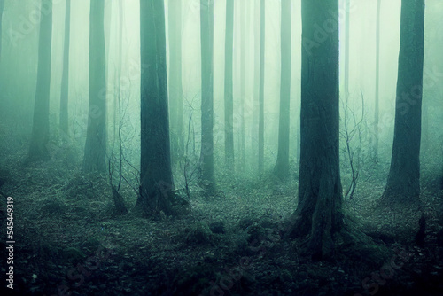 Mysterious foggy forest landscape