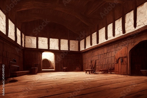 AI generated illustration of a medieval room made of wood and brick stones © Dominik Guzei/Wirestock Creators