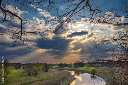Schilderij op canvas sonnenuntergang am roten ufer, blick auf die mulde, bad düben, dübener heide