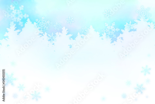 雪の結晶とモミの木の青い水彩調シルエットシンプルフレーム
