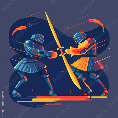 Two knights in armor crossing swords.