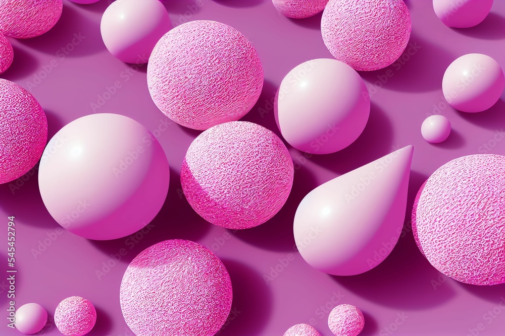 Realistic 3d render of Floating suspended vivid pink balls in a pink ...
