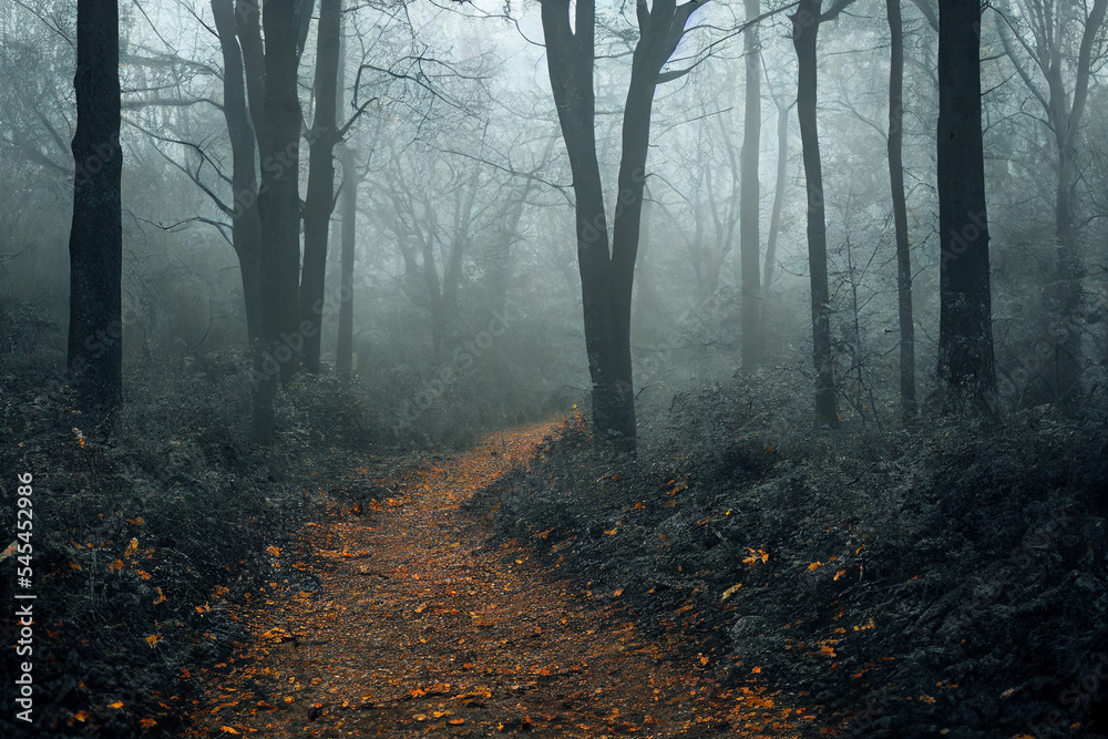Fototapeta premium Path through a mysterious foggy forest landscape 