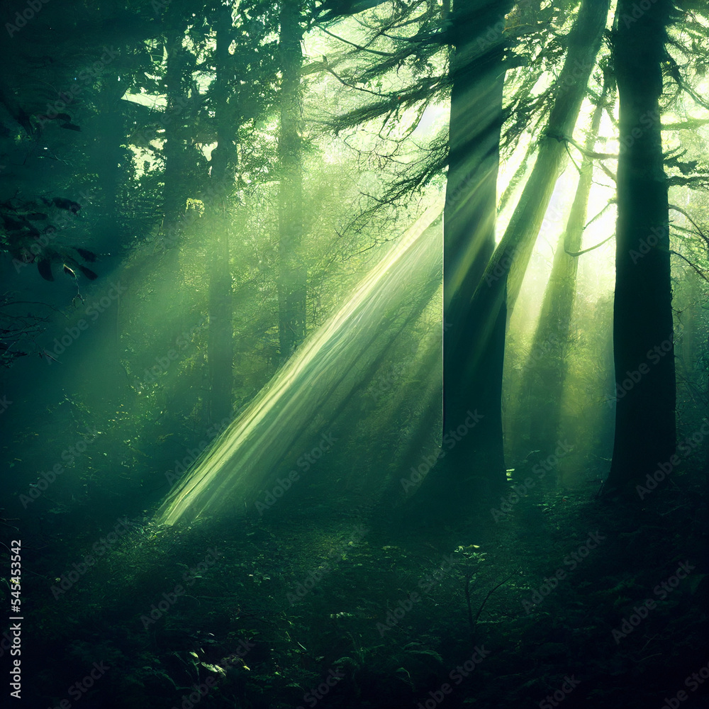 Obraz premium morning sunbeams in the green misty forest landscape 