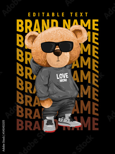 hand-drawn cool bear toy using the sunglasses with text effect illustration