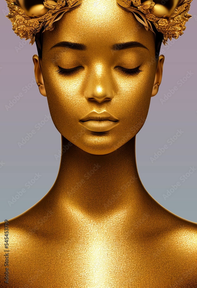 Vertical AI-generated illustration of a golden woman with a crown on a gradient background - obrazy, fototapety, plakaty 