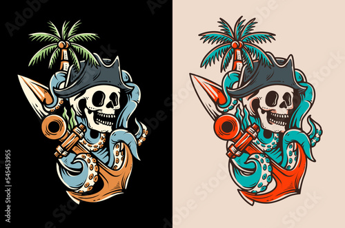 the skull pirate with palm tree illustration