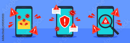 Cyber security threats on smartphone. System vulnerability warning. Mobile phone hacking. Cybercrime or antivirus concept. virus, malware, ransomware, or bug. Flat cartoon icon. Vector illustration.