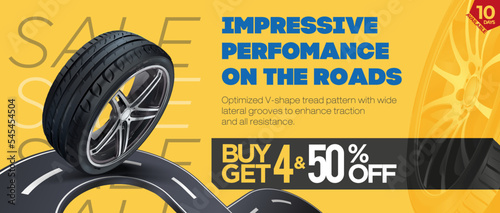 Advertising banner of a car wheel on a stylized road. Optimized V-shaped tread pattern with wide lateral grooves for increased grip and resistance. Promo action. Web banner. Tyre wheel  photo