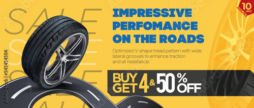 Advertising banner of a car wheel on a stylized road. Optimized V-shaped tread pattern with wide lateral grooves for increased grip and resistance. Promo action. Web banner. Tyre wheel 