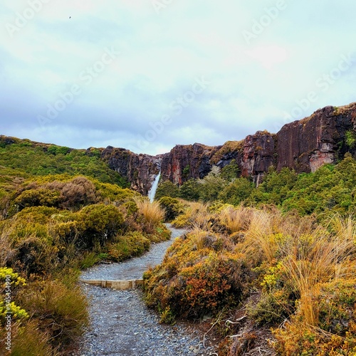 Scenic display of the Taranaki Falls track in New Zealand