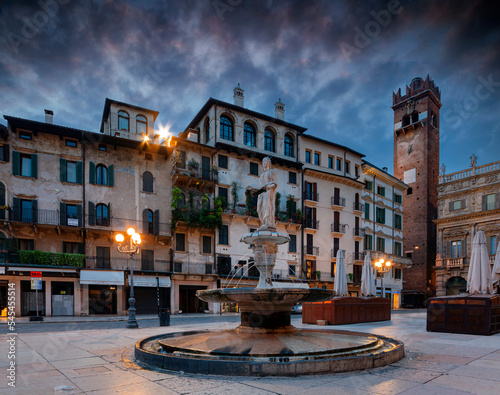 View of Piazza delle Erbe in the center of Verona, Italy. At dawn