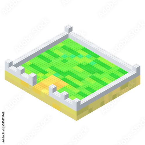 The idea of a courtyard with a stone fence assembled from multi-colored plastic blocks in isometric style for print and design. Vector illustration.