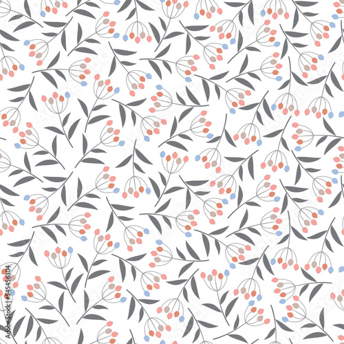 Dainty floral seamless surface pattern design. Aesthetic arrangement of bunch of leaves and berries. Allover print foliage texture