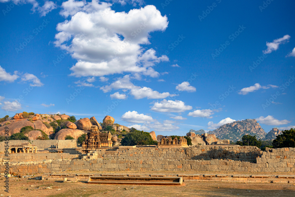 The ruin of ancient temples near the village of Hampi. The Group of Monuments at Hampi was the centre of the Hindu Vijayanagara Empire in Karnataka state in India
