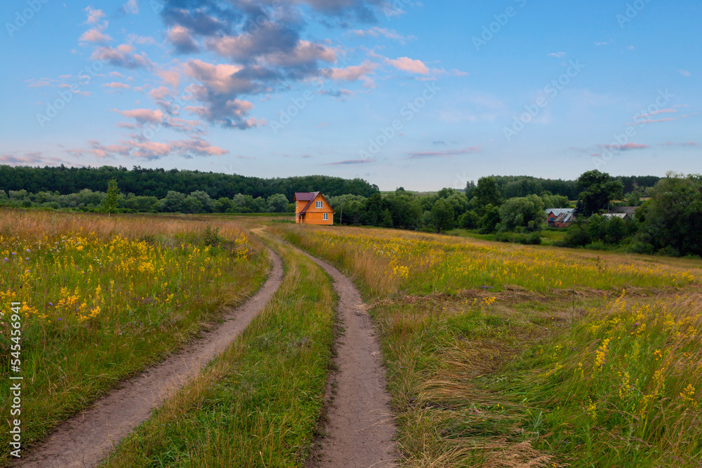 A small village house in a field. The road to the house. Rural landscape. A small village house in a field. The road to the house. Rural landscape.