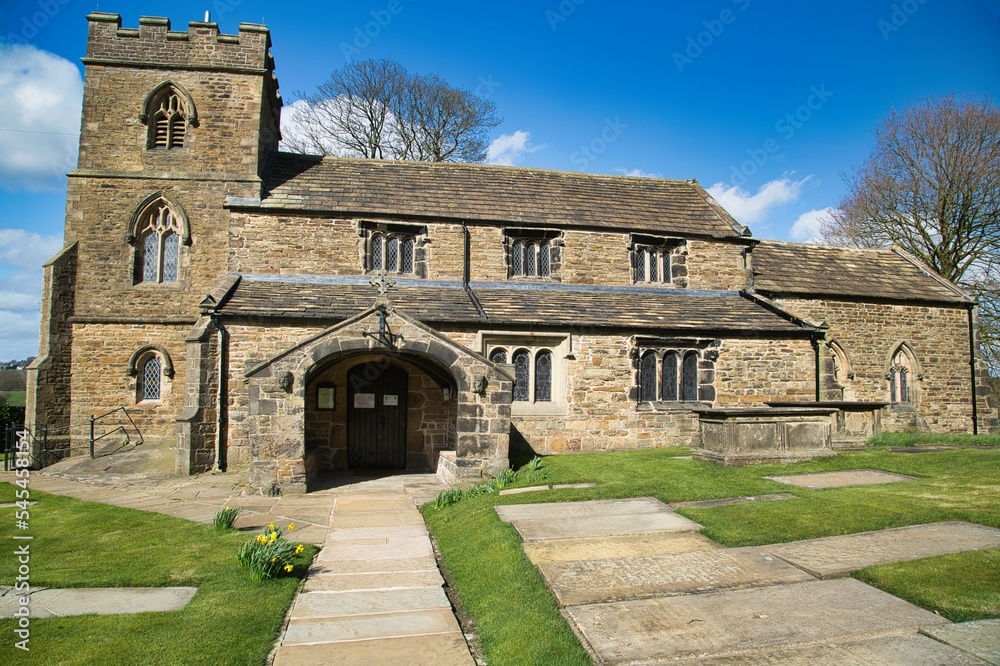 Facade of St James' Church in Altham, Lancashire, United Kingdom