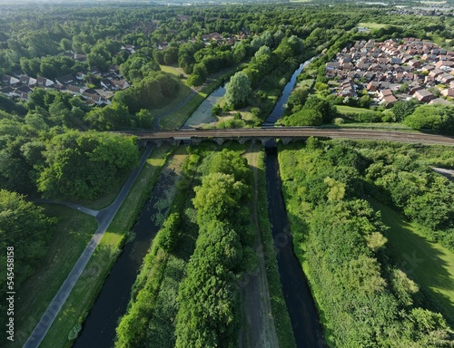 Aerial view of railway bridge in Sankey Valley Park, Warrington, England photo