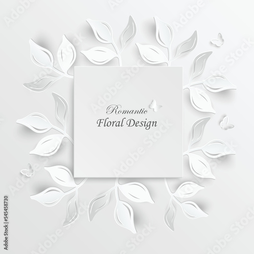 Paper flower. Frame. White rose. White rectangular photo frame with white cut out paper flowers.