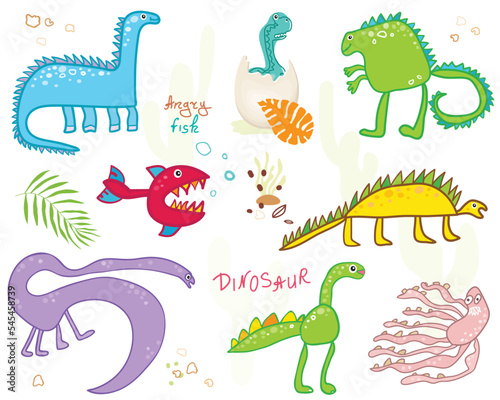 Dinosaur  dragon hand-drawn. Set. Scandinavian style cartoon animals for t-shirt printing  textile  patch  baby product  pillow  gift. Doodle.