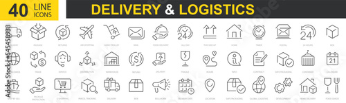 Set of 40 Delivery and logistics web icon. Delivery, shipping, logistics. Outline icons collection. Courier, shipping, express delivery, tracking order, support, business. Vector illustration.