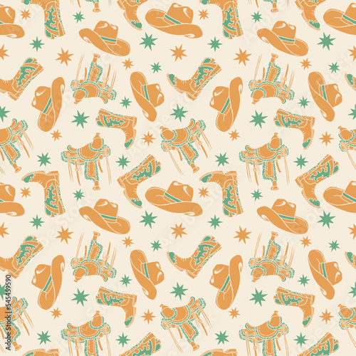boots illustration hat graphic cowboy design saddle cowgirl seamless pattern vintage