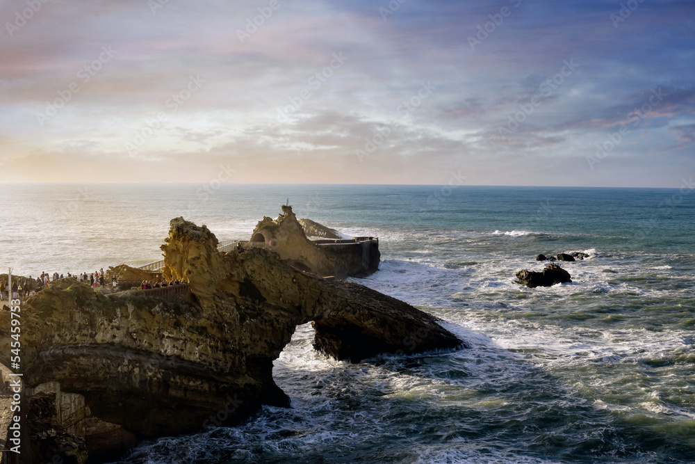 Sunset on the famous rock of the Virgin in the city of Biarritz on the Basque coast