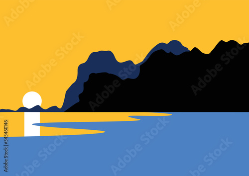 Landscape with mountains and sea, sun vector illustration