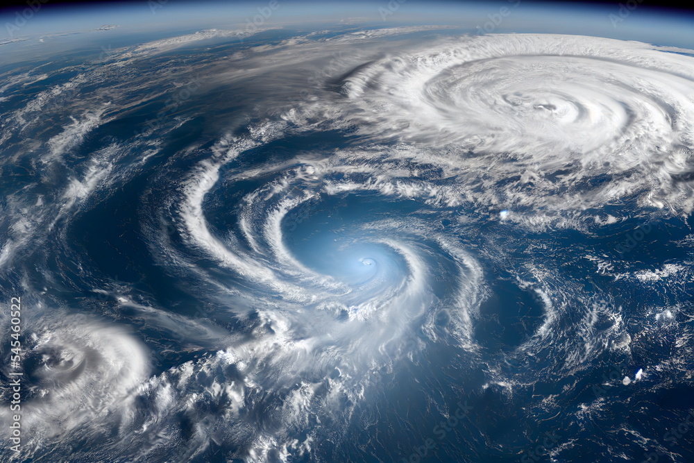 Swirly hurricane cloud over sea space view
